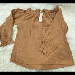 Light brown off the shoulder blouse